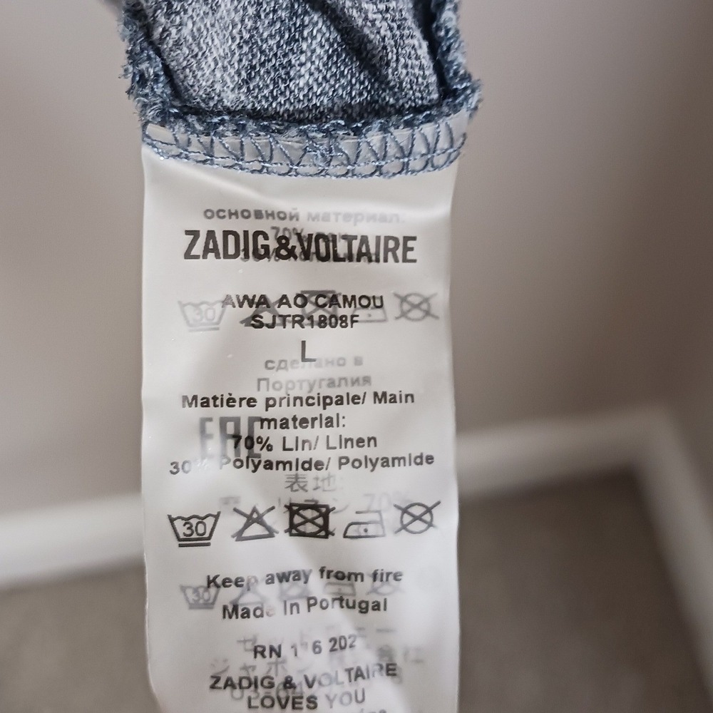Zadig & Voltaire Camo Linen Blend Tee L Blue Gray Scoop Neck Top - Picture 4 of 5